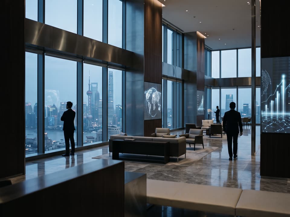 Executivos em um lounge corporativo com telas de tendências globais e vista para a cidade