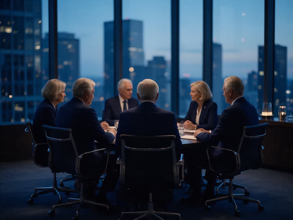 Executivos em reunião reservada ao redor de uma mesa, numa sala no alto de um edifício ao anoitecer
