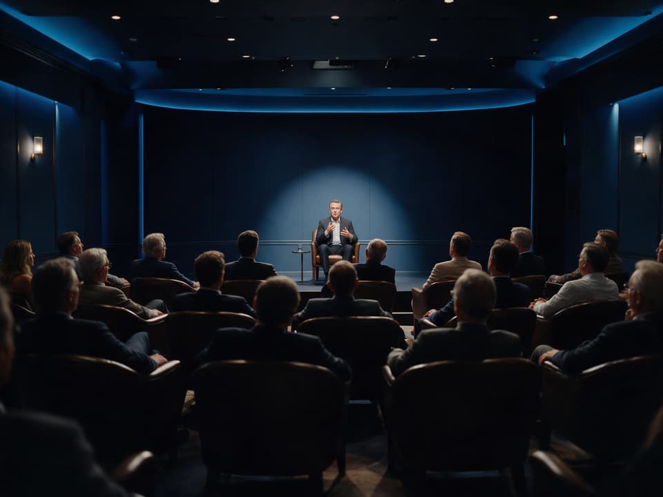 Conversa privada entre um palestrante e um pequeno grupo de executivos em um auditório reservado