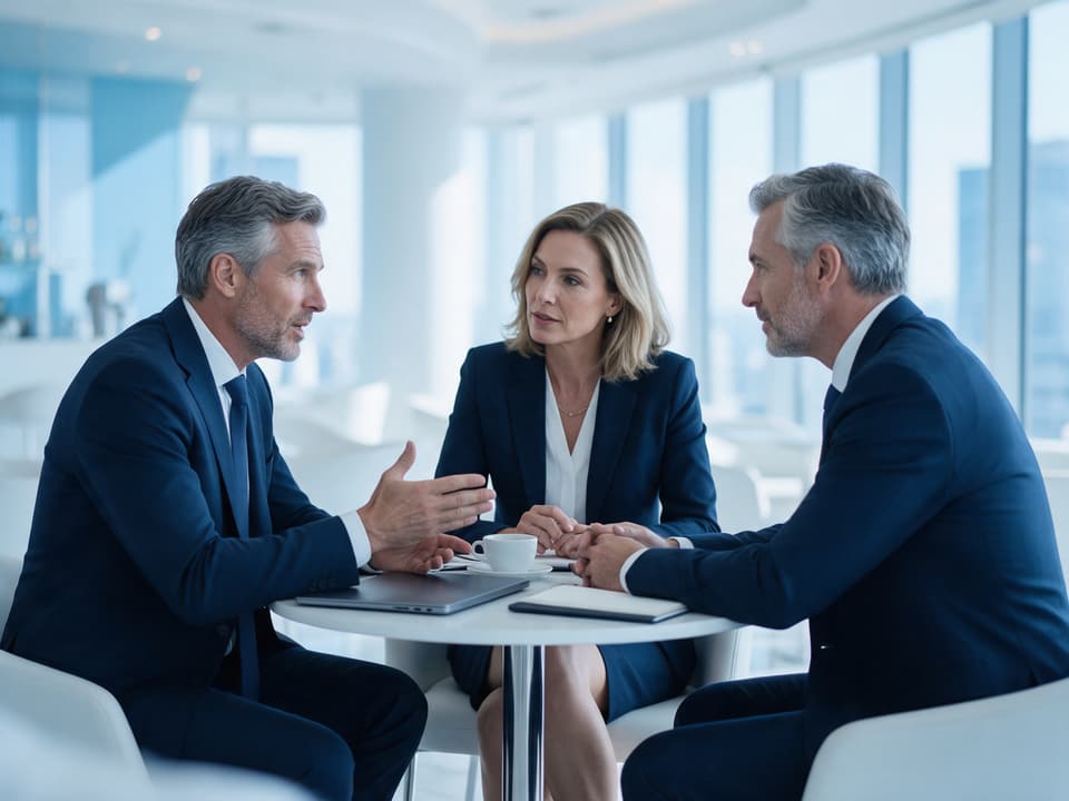 Três executivos em uma conversa reservada ao redor de uma mesa, em um lounge corporativo claro